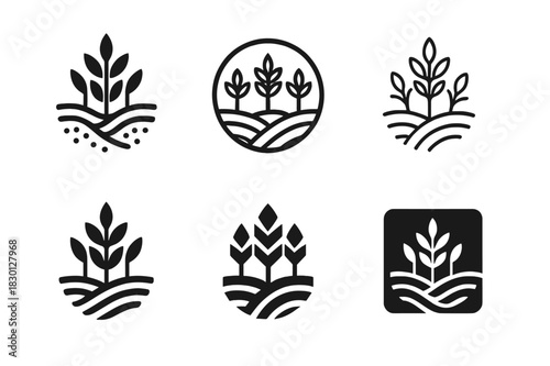 Soil Regeneration Icons. Soil regeneration techniques. Icon set. Set Logo of soil regeneration techniques: no-till farming. harmonious logo variations of the