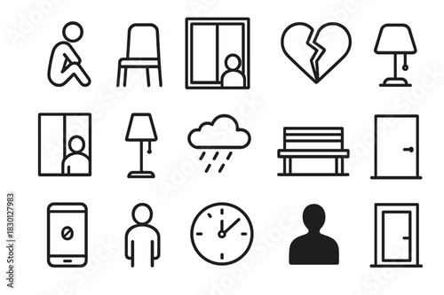 Solitary Line Icons. Loneliness. Line icon set of Loneliness: solitary figure, empty chair, single window light, broken heart, person looking out window, dim