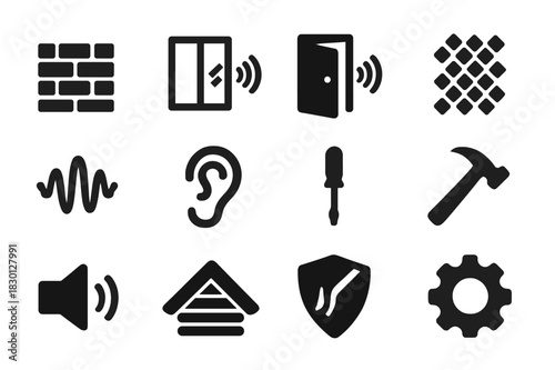 Soundproofing Icon Set. Soundproofing Solutions. Solid icon set of Soundproofing Solutions: wall, window, door, foam panel, wave, ear, screwdriver, hammer,