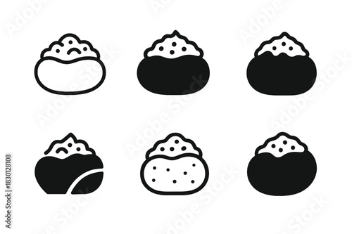 Stuffed Potato Logos. Stuffed potatoes. Icon set. Set Logo of stuffed potatoes: baked potato with filling. harmonious logo variations of the same emblematic