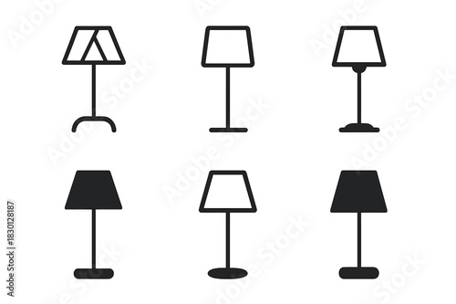 Stylish Lamp Logos. Artificial lighting. Icon set. Set Logo of floor lamp. harmonious logo variations of the same emblematic concept (Abstract geometric,