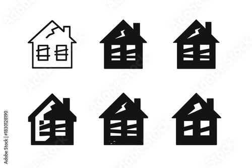 Stylized Abandoned House Logos. Dilapidated house with no sign of life. Icon set. Set Logo of abandoned home: broken roof and boarded windows. harmonious logo