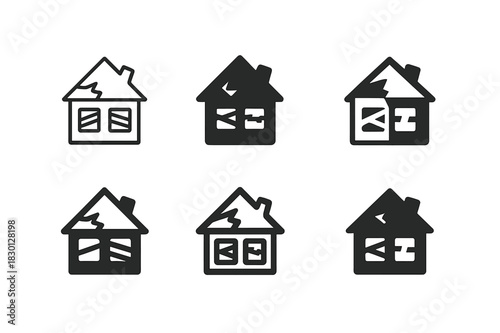Stylized Abandoned House Logos. Dilapidated house with no sign of life. Icon set. Set Logo of abandoned home: broken roof and boarded windows. harmonious logo