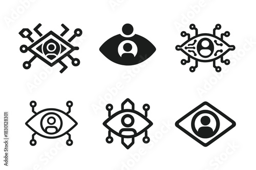 Tech Integration Icons. Transhumanism and technology integration. Icon set. Set Logo of transhumanism and technology integration: Augmented eye interface.
