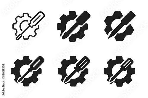 Tech Support Icons. Tech support and IT services. Icon set. Set Logo of tech support and IT services: screwdriver and gear. harmonious logo variations of the