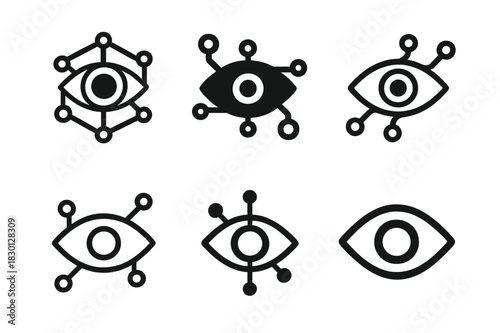 Tech Integration Icons. Transhumanism and technology integration. Icon set. Set Logo of transhumanism and technology integration: Augmented eye interface.