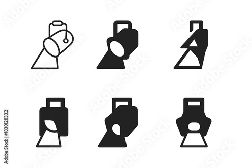 Theater Spotlight Logos. Spotlight in Theater. Icon set. Set Logo of Spotlight in Theater: Overhead Beam. harmonious logo variations of the same emblematic