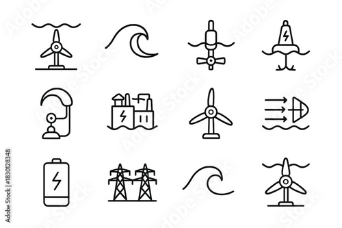 Tidal Energy Icons. Tidal and wave energy. Line icon set of tidal and wave energy: tidal turbine, ocean wave, underwater generator, buoy, energy collector,