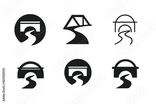 Trail Logo Variations. Trail. Icon set. Set Logo of trail: bridge crossing. harmonious logo variations of the same emblematic concept, each with different