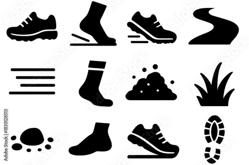 Trail Running Icons. Trail Running Icons. Solid icon set of running shoes, foot striking ground, sneakers, trail path, motion lines, socks, dirt, grass,