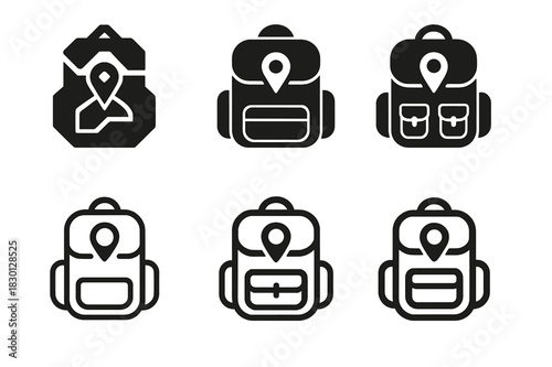 Travel Icon Set. World travelers. Icon set. Set Logo of world travelers: Travel backpack with pins. harmonious logo variations of the same emblematic concept,