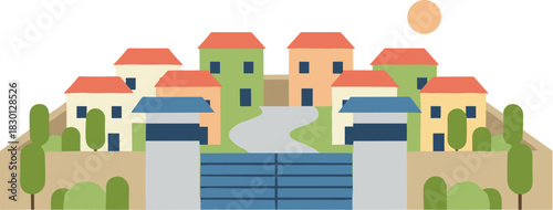 Stylized vector illustration of a quaint village with colorful houses and a waterway.