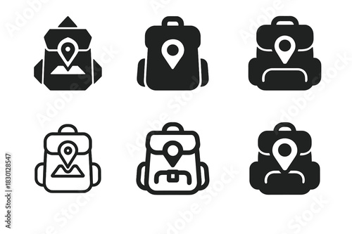 Travel Icon Set. World travelers. Icon set. Set Logo of world travelers: Travel backpack with pins. harmonious logo variations of the same emblematic concept,