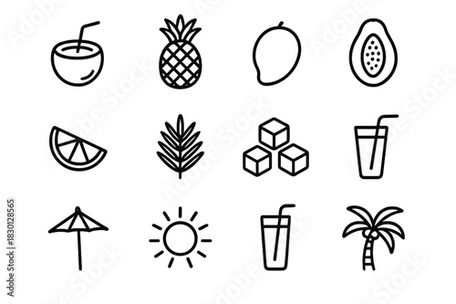 Tropical Smoothie Icons. Tropical smoothies. Line icon set of tropical smoothies: coconut, pineapple, mango, papaya, lime, palm leaf, ice cubes, straw,