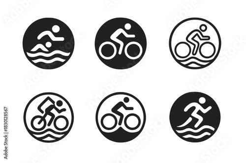 Triathlon Logo Variations. Triathlon. Icon set. Set Logo of triathlon: circular endurance emblem. harmonious logo variations of the same emblematic concept,