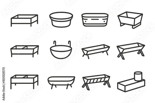 Trough Icon Set. Types of troughs. Line icon set of types of troughs: rectangular metal trough, round plastic trough, galvanized steel trough, concrete trough,