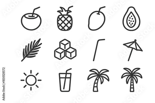 Tropical Smoothie Icons. Tropical smoothies. Line icon set of tropical smoothies: coconut, pineapple, mango, papaya, lime, palm leaf, ice cubes, straw,