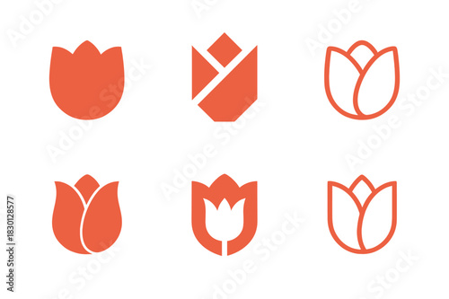 Tulip Logo Variations. Tulip. Icon set. Set Logo of tulip: stylized tulip petal. harmonious logo variations of the same emblematic concept, each with different