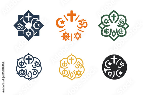 Unity Circle Icons. The role of religion in shaping cultures. Icon set. Set Logo of religion and culture: unity circle of faiths. harmonious logo variations of