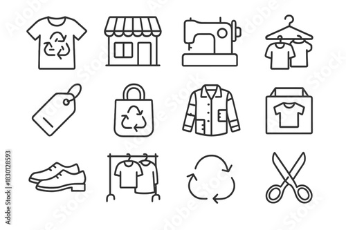 Upcycled Fashion Icons. Upcycled fashion and second-hand shopping. Line icon set of Upcycled fashion and second-hand shopping: recycled clothing, thrift store,