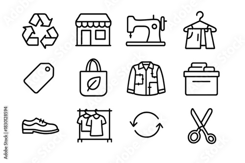 Upcycled Fashion Icons. Upcycled fashion and second-hand shopping. Line icon set of Upcycled fashion and second-hand shopping: recycled clothing, thrift store,