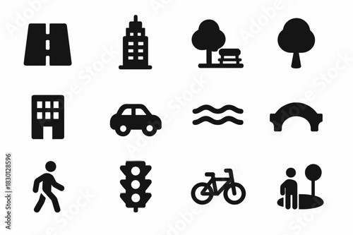 Urban Icon Set. Urban Icons. Solid icon set of street, skyscraper, park, tree, building, car, river, bridge, pedestrian, traffic light, bicycle, plaza. Filled