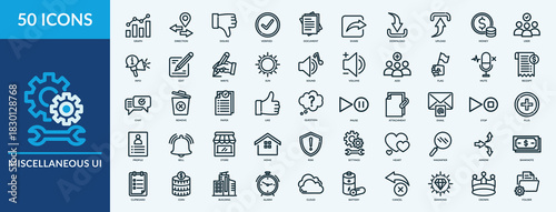 Miscellaneous UI icon set. Containing like, graph, direction, dislike, verified, document and more. Outline vector icons collection