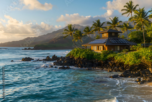 Hawaiian Coastal House with Solar Panel Roof by Tropical Beach