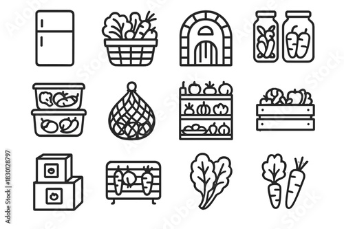 Vegetable Storage Icons. Vegetable Storage Icons. Line icon set of Vegetable Storage Icons: refrigerator, basket of vegetables, root cellar, glass jars,