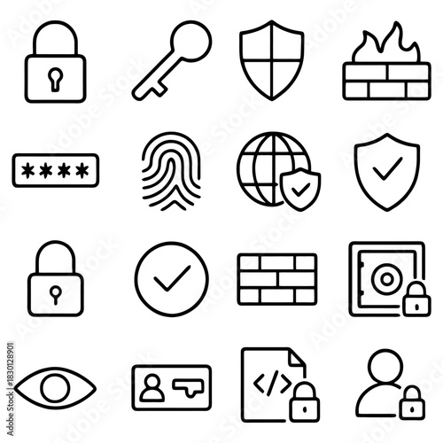 Cyber Security Icons: A collection of meticulously crafted icons represents various facets of digital security, encompassing locks, keys, shields, and other related symbols.
