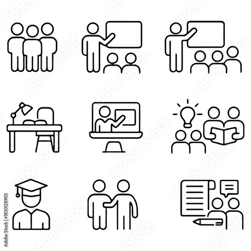 Knowledge Icons: A collection of educational icons captures the essence of learning, encompassing teaching, collaboration, and academic pursuit. Representing various facets of educational experience.