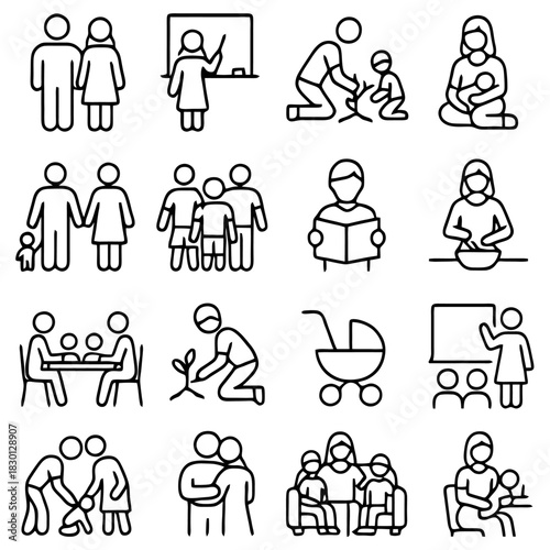 Family Icons and Life Stages: A collection of simple, stylized illustrations capturing a wide array of family activities and stages of life, representing togetherness.