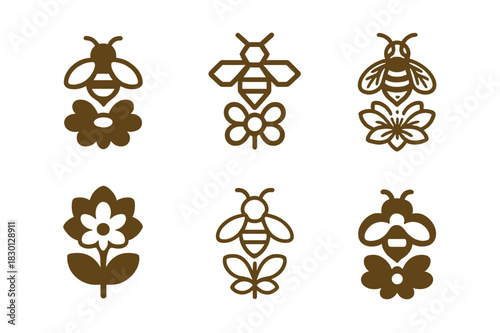 Bee Garden Logos. Flowering garden and bees. Icon set. Set Logo of flowering garden and bees: flower and bee symmetry. harmonious logo variations of the same