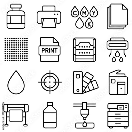 Printing Icons Set: A collection of various printer-related icons, each representing a crucial element of the printing process, from ink cartridges to the final print-out.