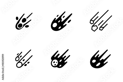 Meteor Shower Logos. Meteor shower. Icon set. Set Logo of meteor shower: Meteor fragments scattering. harmonious logo variations of the same emblematic