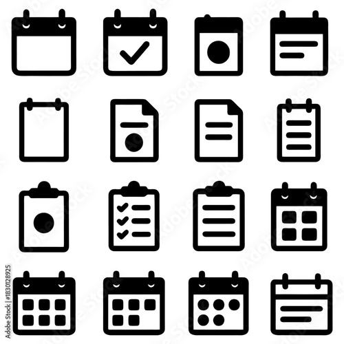 Agenda and Schedule Icons: Minimalistic icons of a calendar and a schedule display simple shapes on a two-dimensional surface, conveying essential information in a clean and accessible manner.
