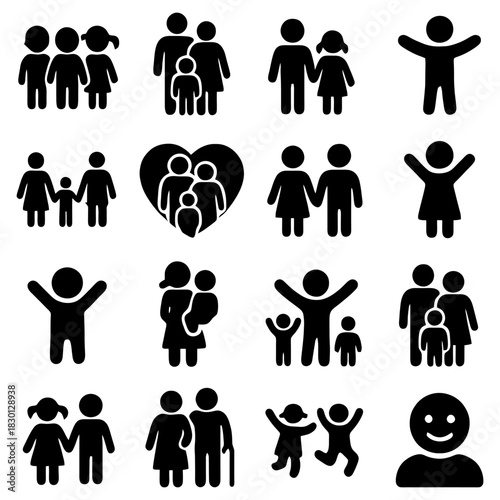 Family Icons: A collection of simple, yet impactful icons that represent various family structures and relationships, portraying themes of unity, love, and togetherness.