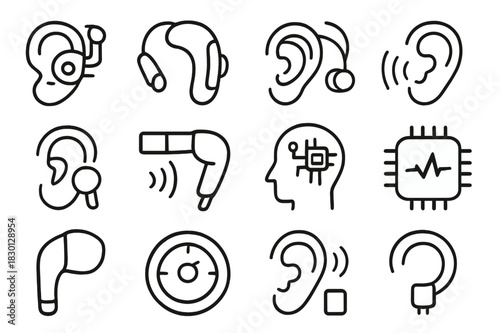 Enhanced Hearing Icons. Enhanced Hearing. Line icon set of Enhanced Hearing: cybernetic ear, hearing aid, bionic implant, sound wave sensor, cochlear implant,