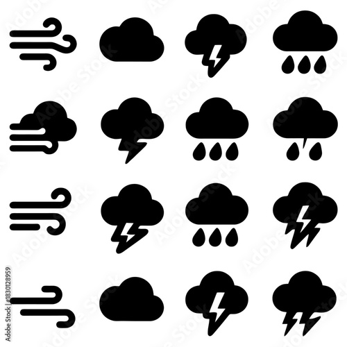 Weather Icons: A collection of simple, black weather icons, capturing the essence of various atmospheric conditions.