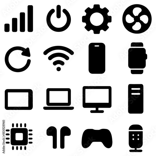 Digital Icon Array: A sleek collection of black digital icons representing a wide array of technological functions.