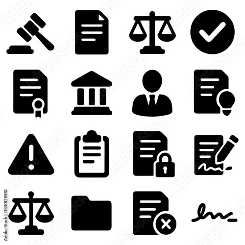 Legal Icons and Symbols: A collection of meticulously designed icons depicting legal and law-related symbols, perfect for illustrating law, justice, or governmental themes.