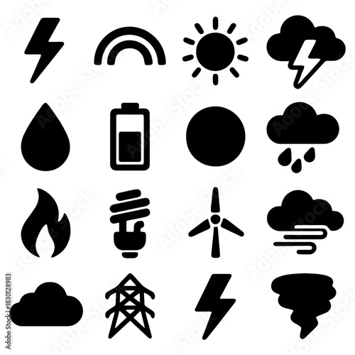Diverse Energy Icons: A dynamic collection of simple, black icons represents various energy sources and natural elements, offering a visually engaging resource for illustrating energy concepts.