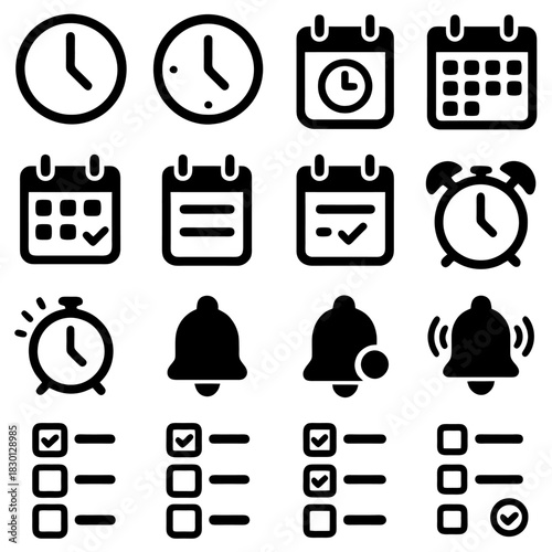 Time Management Icons: A collection of concise icons depicting time, calendars, alarms, and to-do lists, illustrating the essence of time management.
