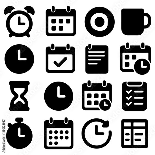 Time Management Icons: A collection of simple, yet bold, icons representing essential tools and concepts of time management, offering a visual vocabulary for planning and organization.
