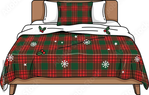 Christmas bedding with red and green plaid isolated on white background