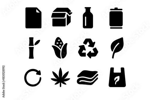 Eco Material Icons. Eco-friendly materials. Solid icon set of Eco-friendly materials: paper, cardboard, glass, metal, bamboo, corn starch, recycled plastic,