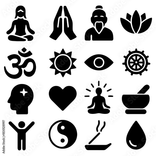 Symbolic Harmony: A collection of meticulously crafted, elegant icons representing the diverse facets of mindfulness, serenity, and spiritual practice. Explore a visual tapestry of symbolism.