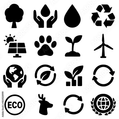 Eco-Conscious Elements: A compilation of interconnected, eco-focused icons representing core concepts of nature, environmentalism, and sustainability, illustrating harmony, balance.
