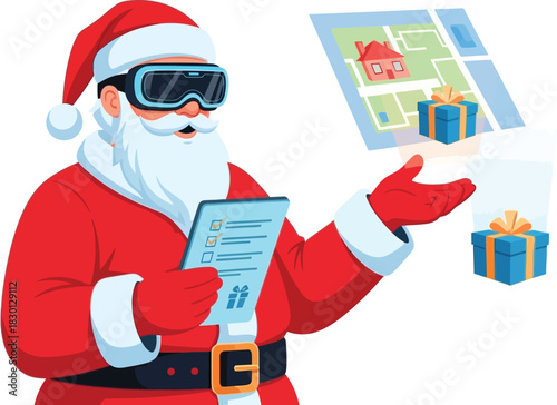 Santa claus using augmented reality to deliver gifts isolated on white background