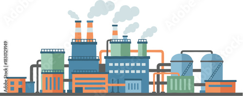 Large industrial factory plant with pipes and chimneys emitting smoke.